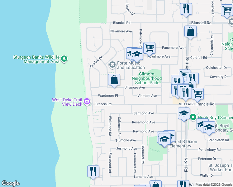 map of restaurants, bars, coffee shops, grocery stores, and more near 3331 Wardmore Place in Richmond