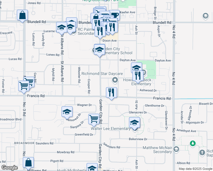 map of restaurants, bars, coffee shops, grocery stores, and more near 8711 Dolphin Court in Richmond