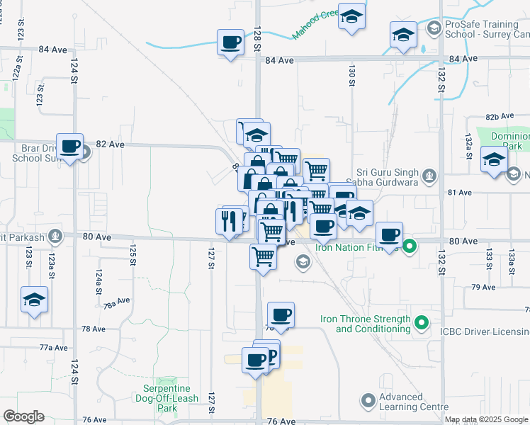 map of restaurants, bars, coffee shops, grocery stores, and more near 8381 128 Street in Surrey