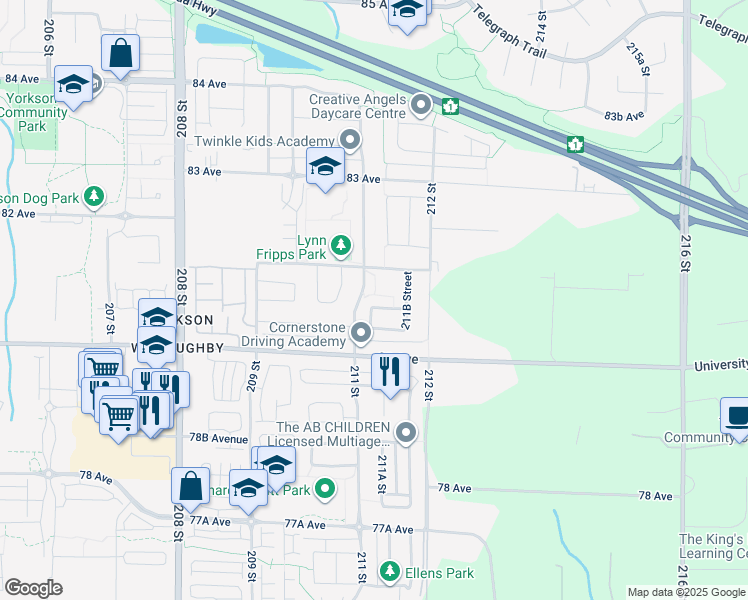 map of restaurants, bars, coffee shops, grocery stores, and more near 21129 80B Avenue in Langley Township