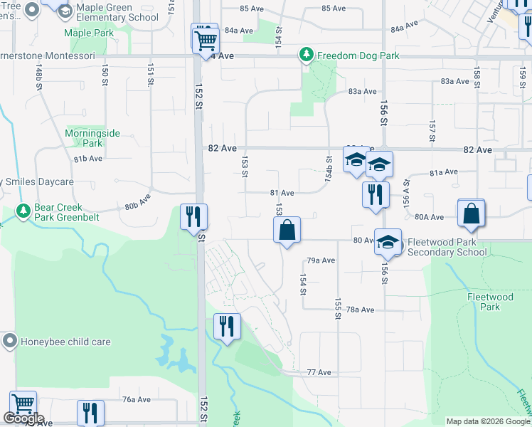 map of restaurants, bars, coffee shops, grocery stores, and more near 15355 80A Avenue in Surrey