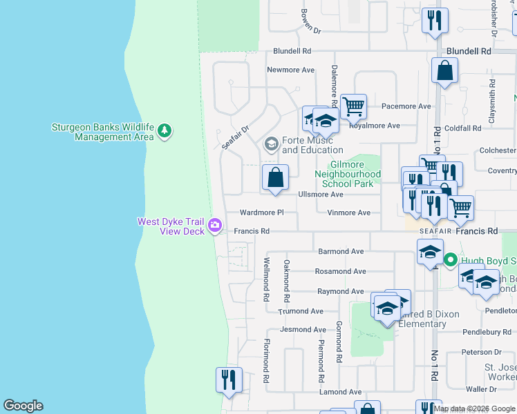 map of restaurants, bars, coffee shops, grocery stores, and more near 3231 Wardmore Place in Richmond