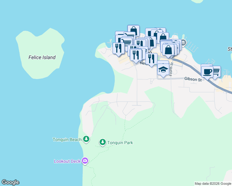 map of restaurants, bars, coffee shops, grocery stores, and more near 261 Cedar Street in Tofino