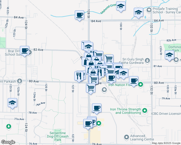 map of restaurants, bars, coffee shops, grocery stores, and more near 8028 128 Street in Surrey