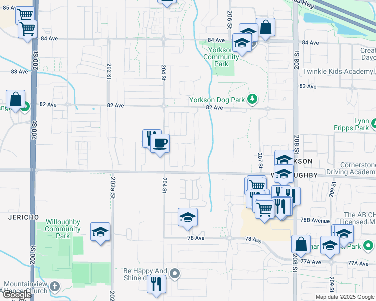 map of restaurants, bars, coffee shops, grocery stores, and more near 20498 82 Avenue in Langley Township