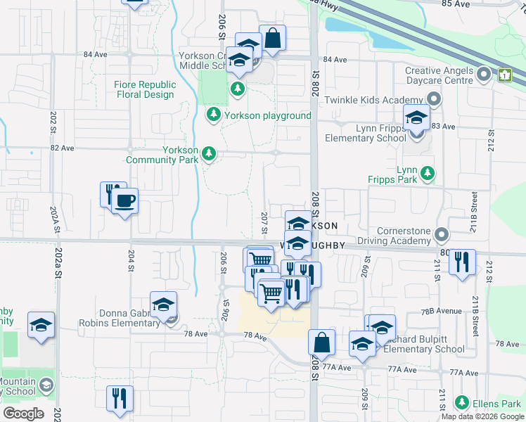 map of restaurants, bars, coffee shops, grocery stores, and more near 8067 207 Street in Langley Township