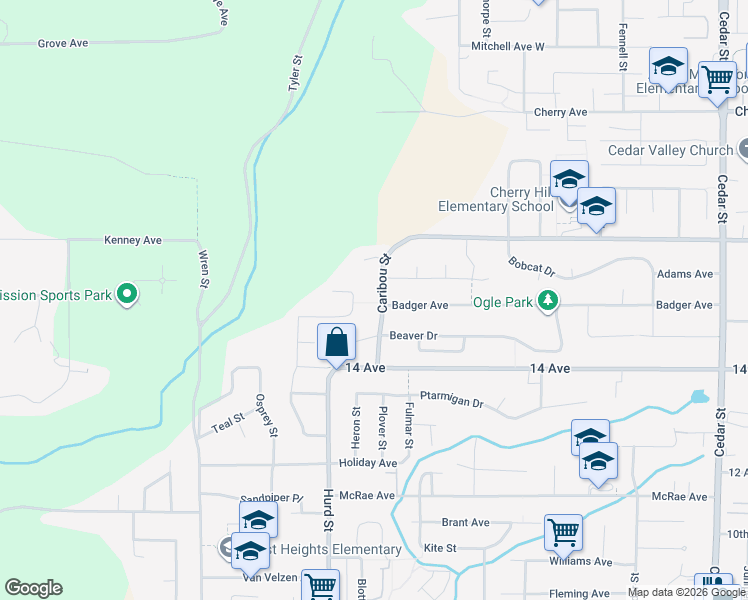 map of restaurants, bars, coffee shops, grocery stores, and more near 8103 Caribou Street in Mission