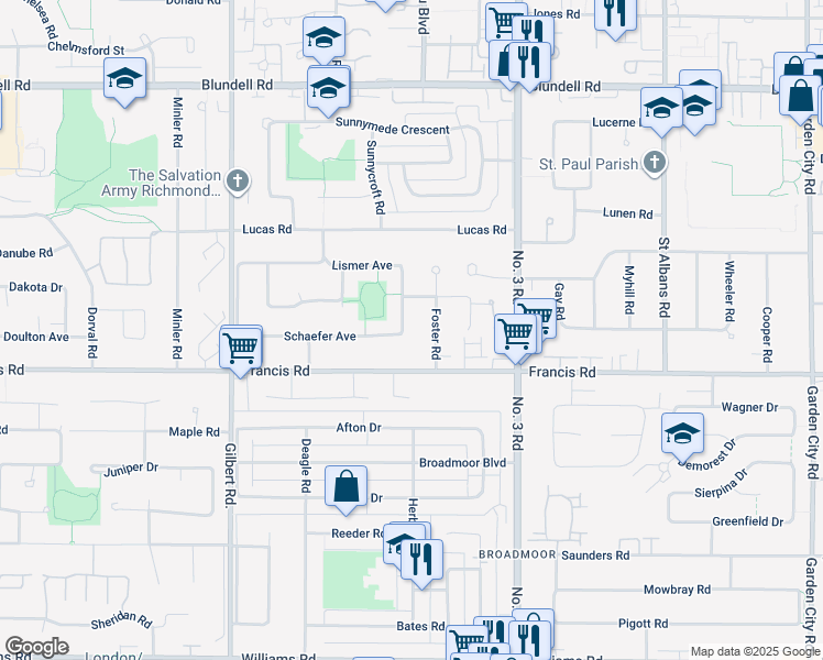 map of restaurants, bars, coffee shops, grocery stores, and more near 8880 Carmichael Street in Richmond