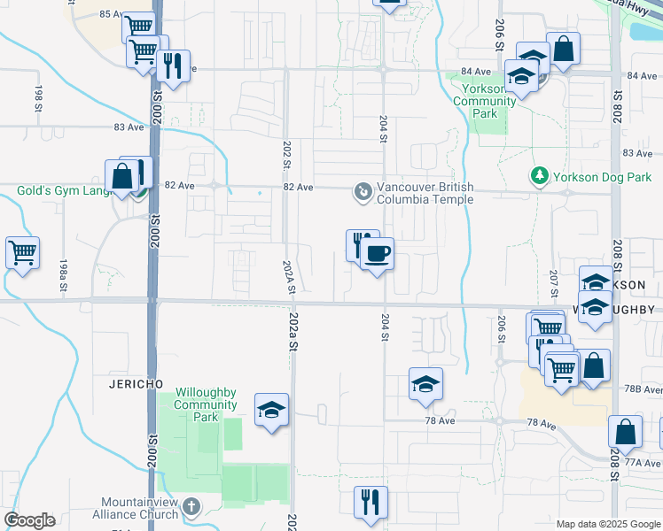map of restaurants, bars, coffee shops, grocery stores, and more near 20321 80 Avenue in Langley Township