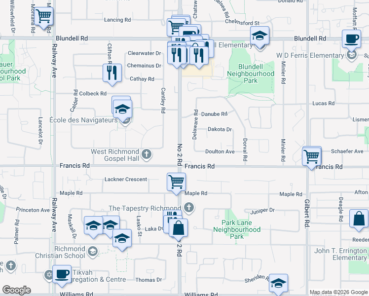 map of restaurants, bars, coffee shops, grocery stores, and more near 8766 Number 2 Road in Richmond