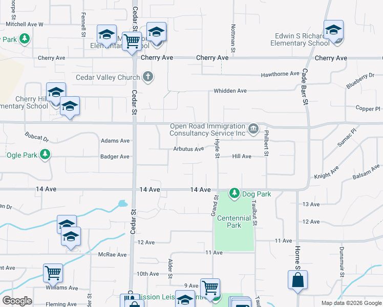 map of restaurants, bars, coffee shops, grocery stores, and more near 32972 Arbutus Avenue in Mission