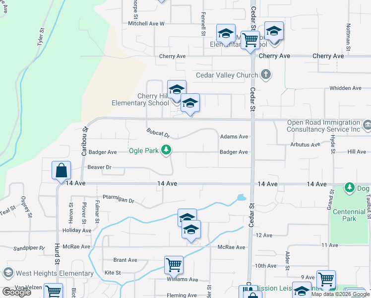 map of restaurants, bars, coffee shops, grocery stores, and more near 32617 Badger Avenue in Mission