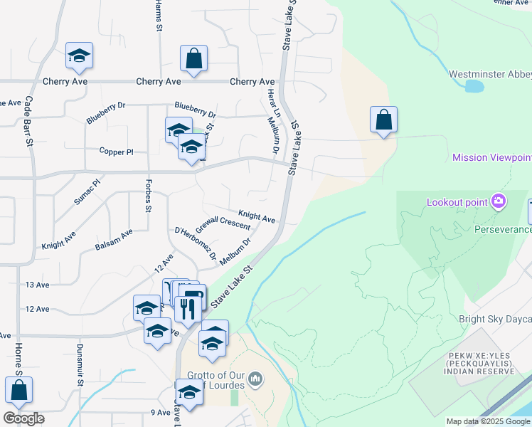 map of restaurants, bars, coffee shops, grocery stores, and more near 33833 Knight Avenue in Mission