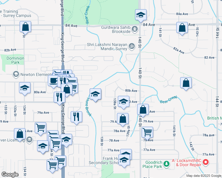 map of restaurants, bars, coffee shops, grocery stores, and more near 8063 138A Street in Surrey