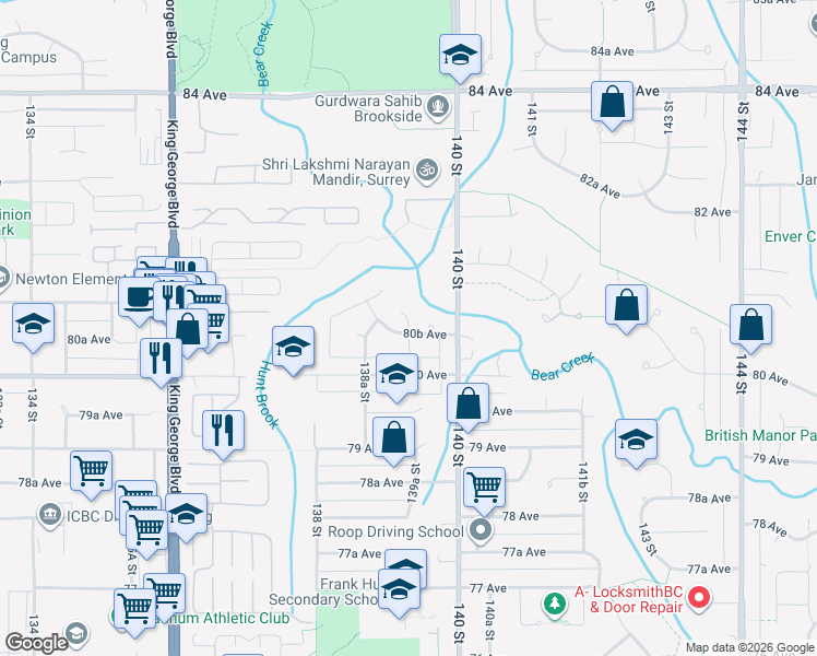 map of restaurants, bars, coffee shops, grocery stores, and more near 8076 139A Street in Surrey