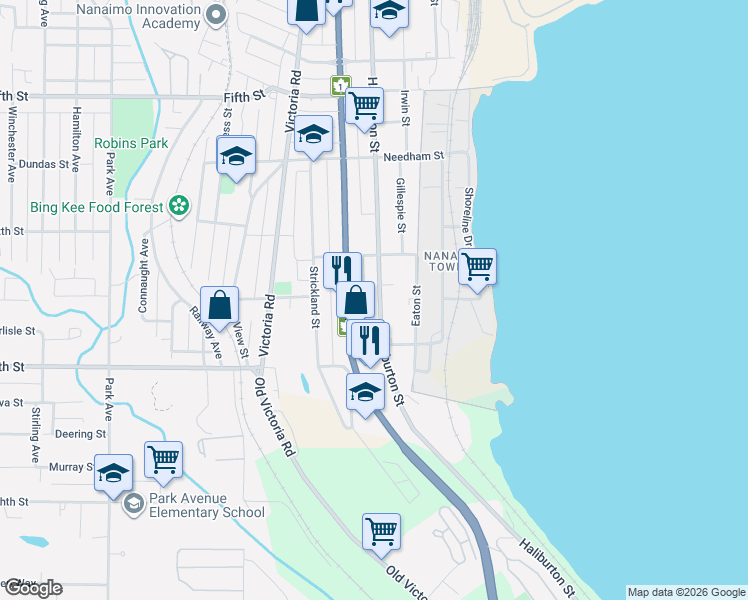 map of restaurants, bars, coffee shops, grocery stores, and more near 726 Haliburton Street in Nanaimo