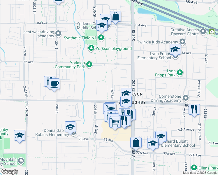 map of restaurants, bars, coffee shops, grocery stores, and more near 8067 207 Street in Langley Township