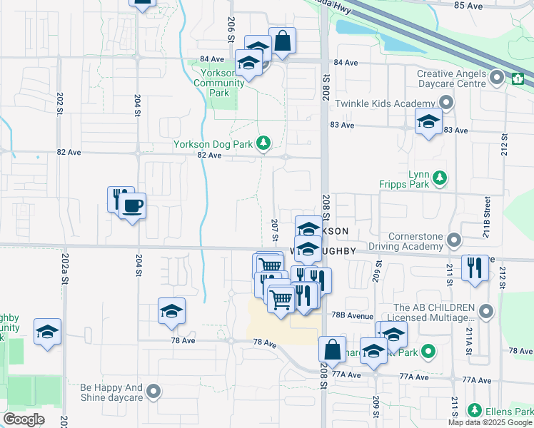 map of restaurants, bars, coffee shops, grocery stores, and more near 8067 207 Street in Langley Township