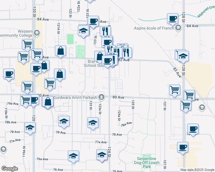 map of restaurants, bars, coffee shops, grocery stores, and more near 12399 80A Avenue in Surrey