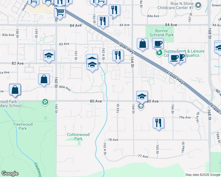 map of restaurants, bars, coffee shops, grocery stores, and more near 8067 162B Street in Surrey