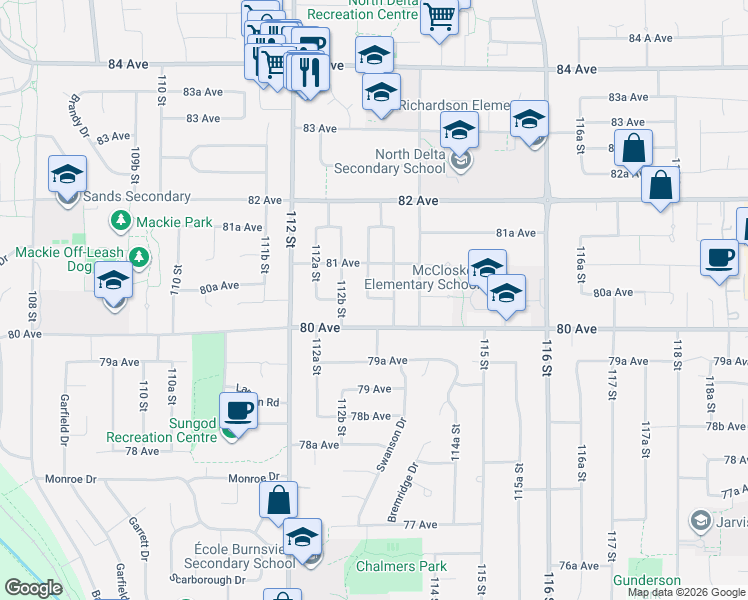 map of restaurants, bars, coffee shops, grocery stores, and more near 8019 113B Street in Delta