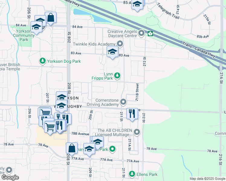 map of restaurants, bars, coffee shops, grocery stores, and more near 21019 80B Avenue in Langley