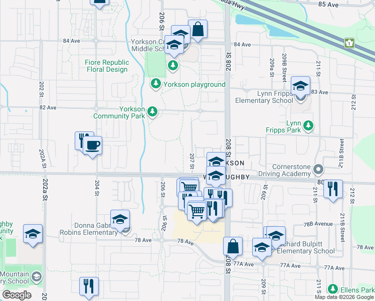 map of restaurants, bars, coffee shops, grocery stores, and more near 8067 207 Street in Langley Township
