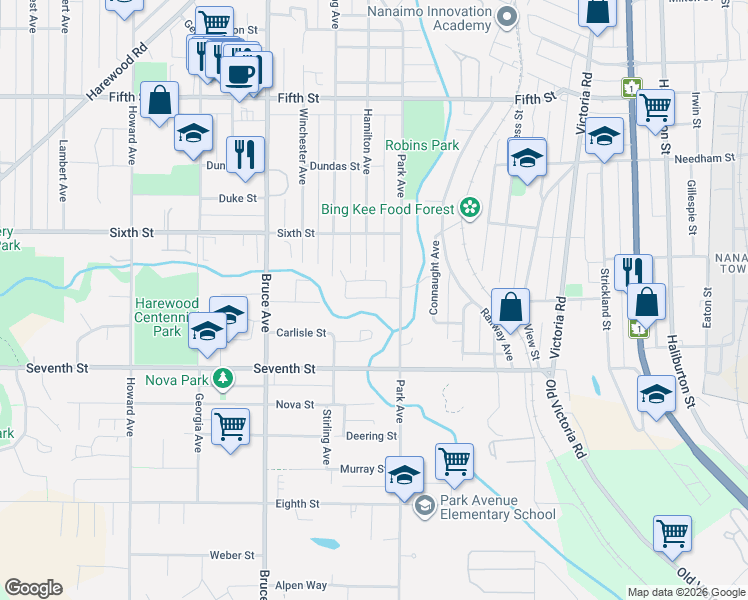 map of restaurants, bars, coffee shops, grocery stores, and more near 38 Honey Drive in Nanaimo