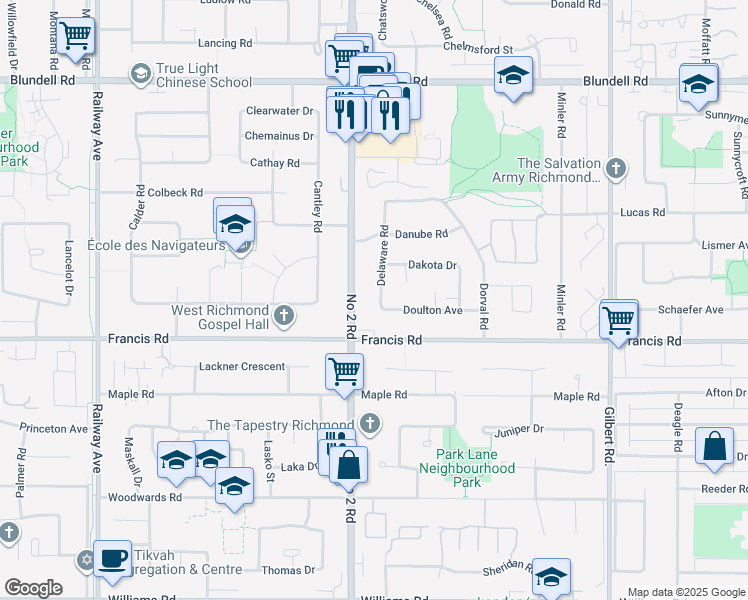 map of restaurants, bars, coffee shops, grocery stores, and more near 8711 Delaware Road in Richmond