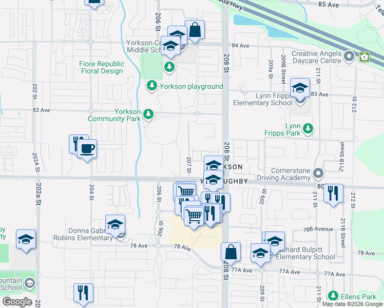 map of restaurants, bars, coffee shops, grocery stores, and more near in Langley Township