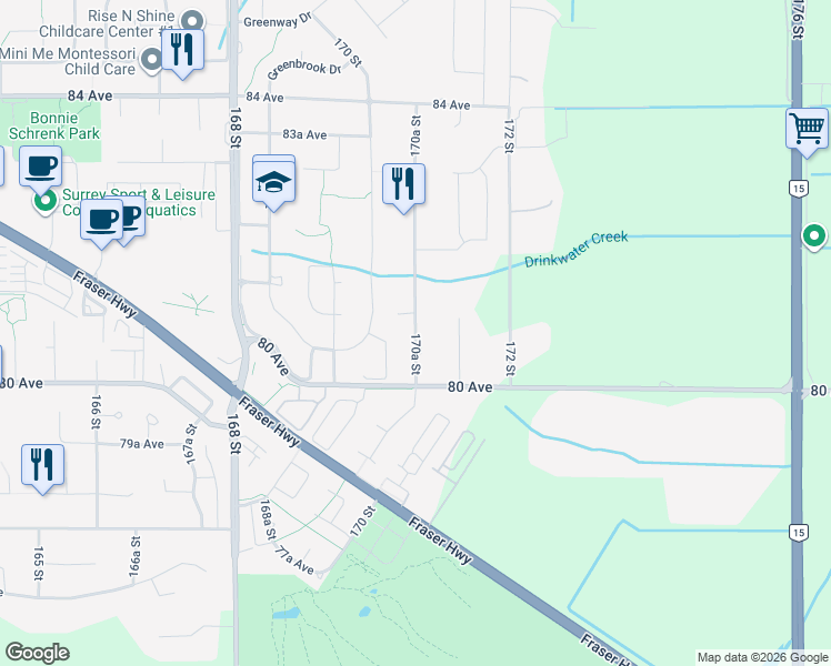 map of restaurants, bars, coffee shops, grocery stores, and more near 8072 170A Street in Surrey