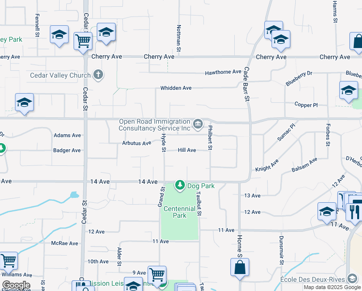 map of restaurants, bars, coffee shops, grocery stores, and more near 33115 Hill Avenue in Mission