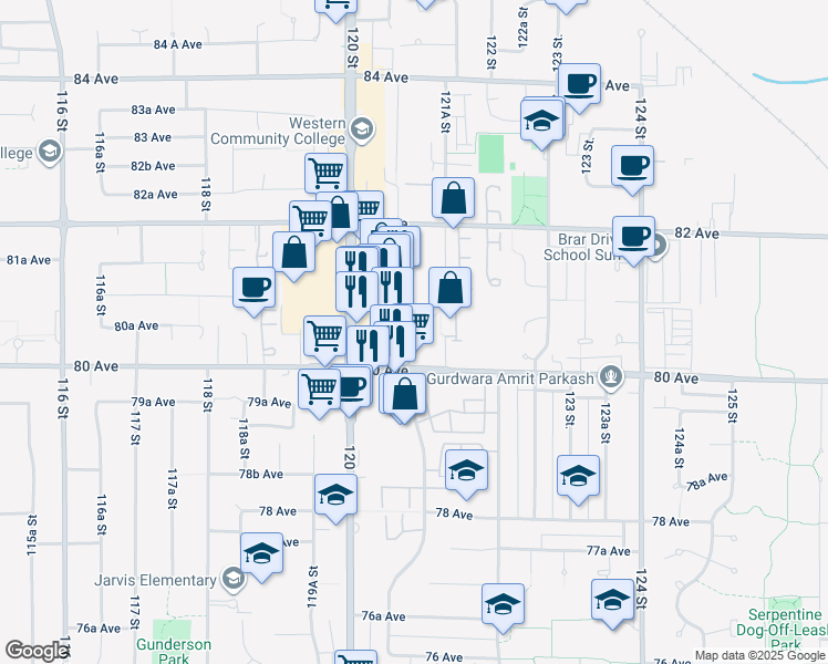 map of restaurants, bars, coffee shops, grocery stores, and more near in Surrey