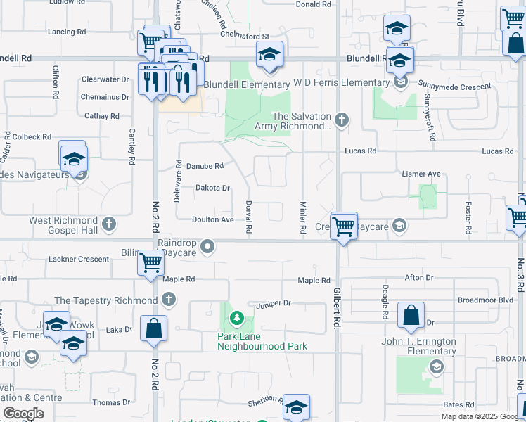 map of restaurants, bars, coffee shops, grocery stores, and more near 6971 Dunsany Place in Richmond