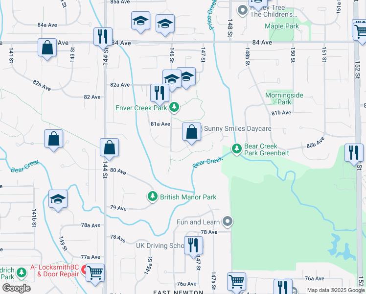 map of restaurants, bars, coffee shops, grocery stores, and more near 8071 146A Street in Surrey