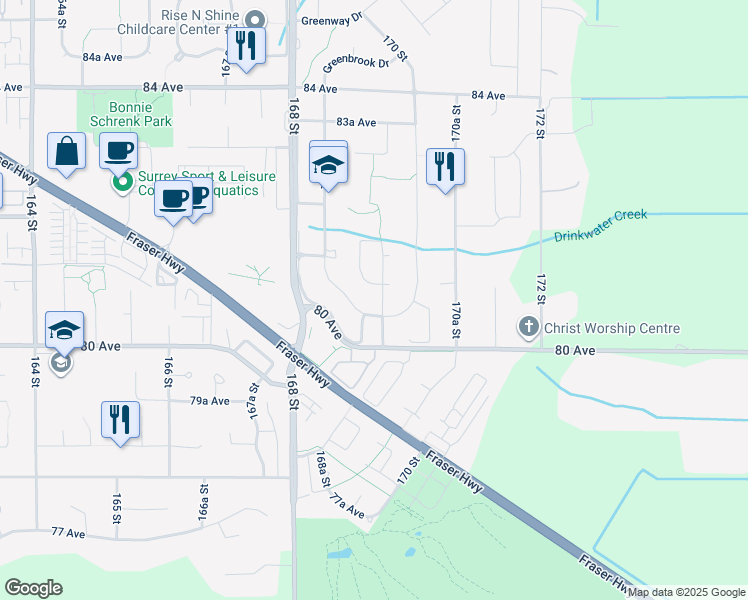 map of restaurants, bars, coffee shops, grocery stores, and more near 8077 169 Street in Surrey