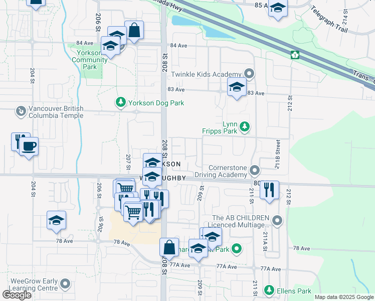 map of restaurants, bars, coffee shops, grocery stores, and more near 8089 209 Street in Langley Township