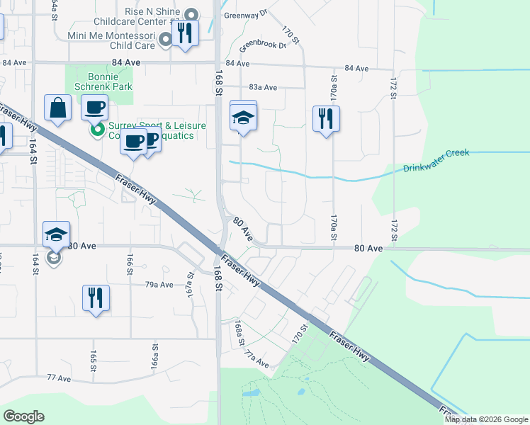 map of restaurants, bars, coffee shops, grocery stores, and more near 8056 168A Street in Surrey