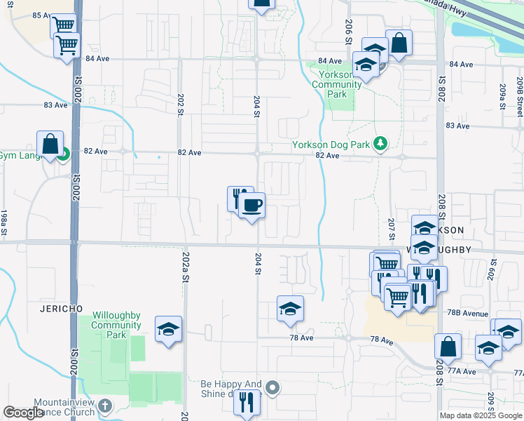 map of restaurants, bars, coffee shops, grocery stores, and more near 8050 204 Street in Langley Township