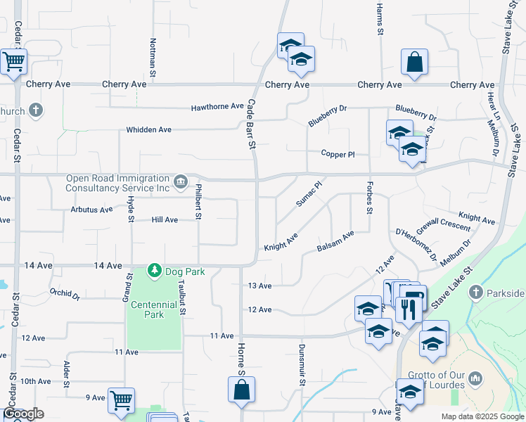 map of restaurants, bars, coffee shops, grocery stores, and more near 8114 Cade Barr Street in Mission