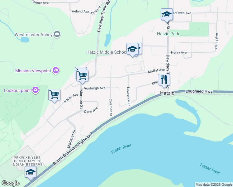 map of restaurants, bars, coffee shops, grocery stores, and more near 34758 Pakenham Place in Mission