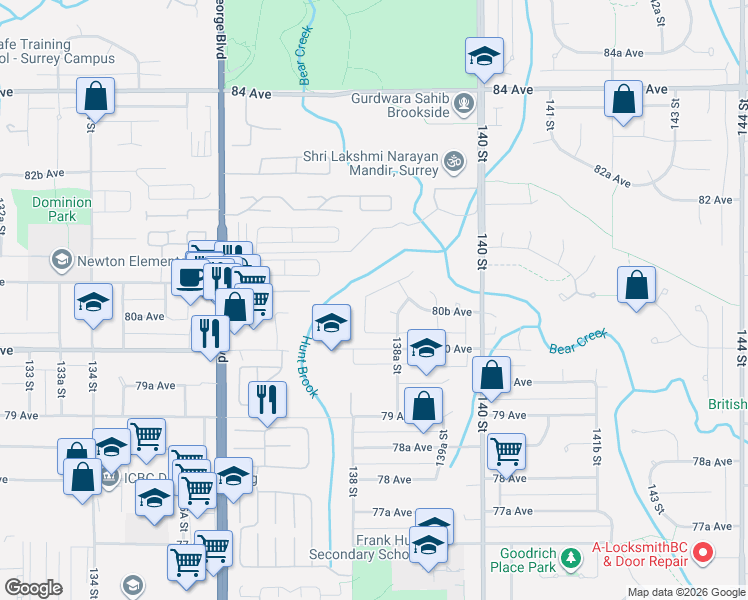 map of restaurants, bars, coffee shops, grocery stores, and more near 8062 138 Street in Surrey