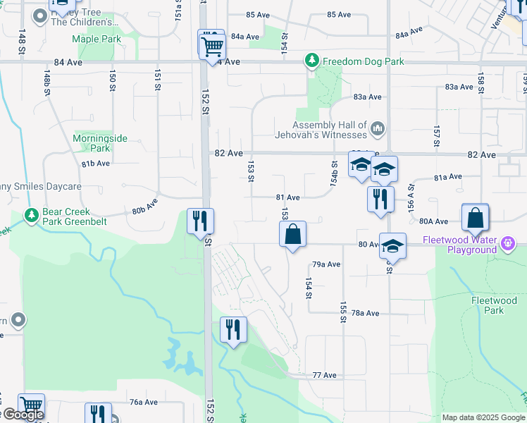 map of restaurants, bars, coffee shops, grocery stores, and more near 15327 80A Avenue in Surrey