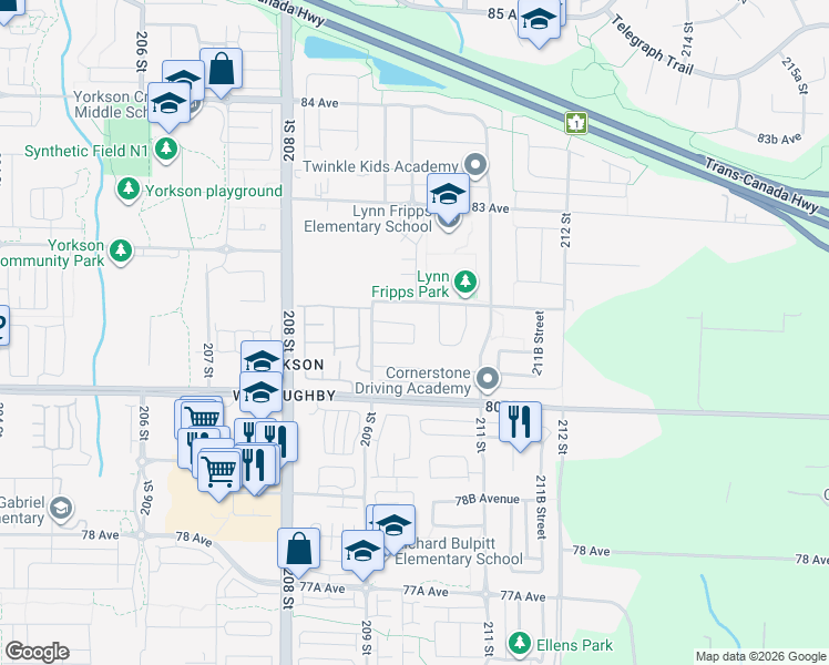 map of restaurants, bars, coffee shops, grocery stores, and more near 8084 209A Street in Langley