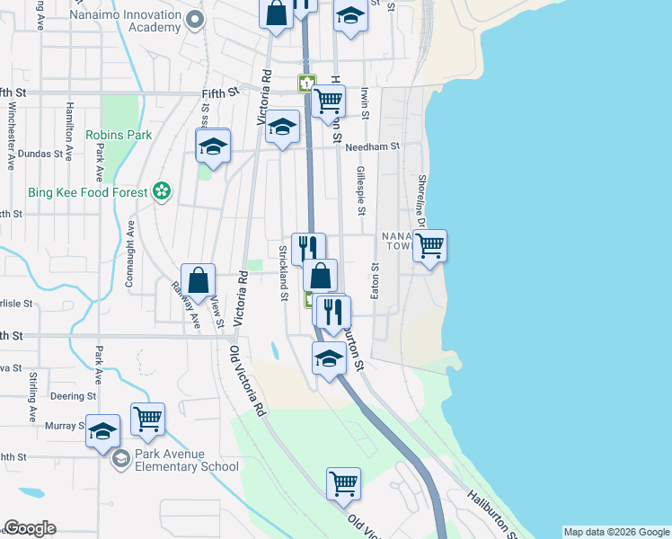 map of restaurants, bars, coffee shops, grocery stores, and more near 726 Haliburton Street in Nanaimo