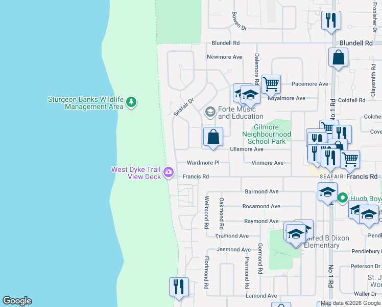 map of restaurants, bars, coffee shops, grocery stores, and more near 8660 Fairfax Crescent in Richmond