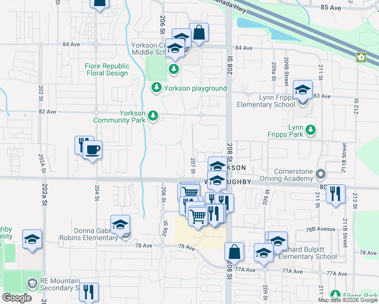 map of restaurants, bars, coffee shops, grocery stores, and more near 8067 207 Street in Langley Township