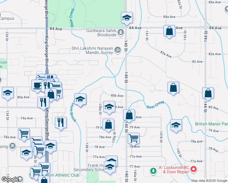 map of restaurants, bars, coffee shops, grocery stores, and more near 8076 139A Street in Surrey