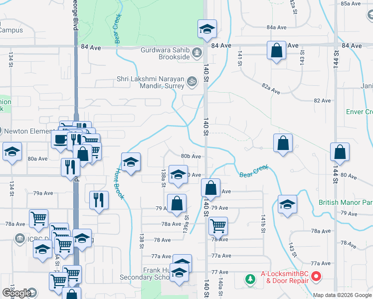 map of restaurants, bars, coffee shops, grocery stores, and more near 8076 139A Street in Surrey