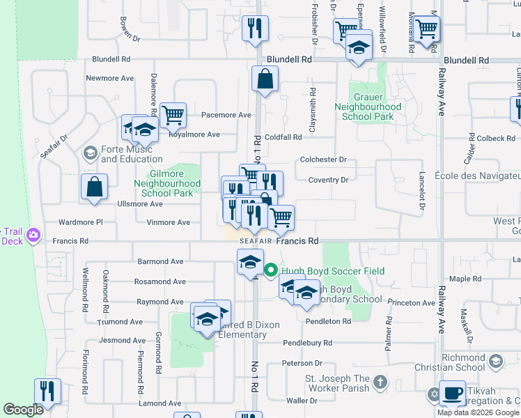 map of restaurants, bars, coffee shops, grocery stores, and more near in Richmond